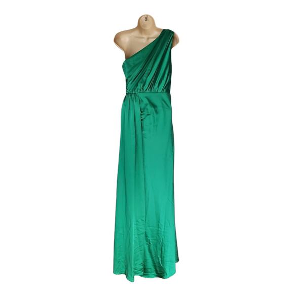 IEENA for Mac Duggal Gathered One Shoulder Satin Gown Emerald Green 26654 Size 2 - Picture 3 of 12